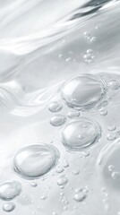 Ethereal bubbles dance in a sea of silvery liquid, creating a mesmerizing abstract landscape of transparency and light. Macro photography reveals delicate details of water's surface tension.