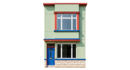 Isolated Two-Story House Facade with Blue Door and Colorful Trim in an Urban Environment