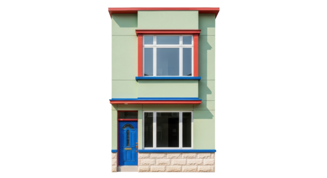 Isolated Two-Story House Facade with Blue Door and Colorful Trim in an Urban Environment