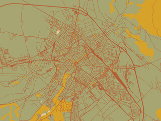 Graphic flat color map of Sibiu, Romania in olive backdrop with warm rust street network and ochre blocks.