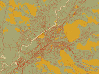 Poster-ready flat map of Targu-Mures, Romania, sage green ground with rust-red roads and ochre accents.