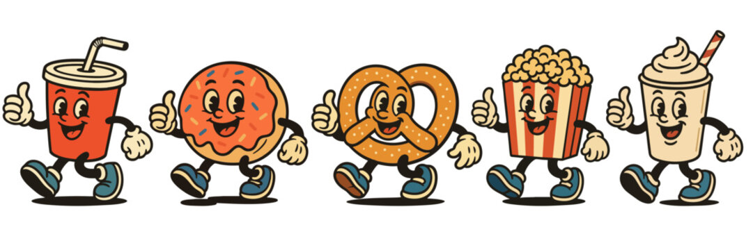 Retro fast food character mascots, vintage cartoon soda, donut, popcorn and milkshake illustration set