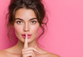 Fototapeta premium beautiful woman with finger on lips making a shushing quiet gesture, pink background