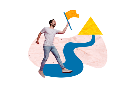 Composite photo collage of serious businessman walk hold flag sign arrow point promotion development isolated on painted background - Powered by Adobe