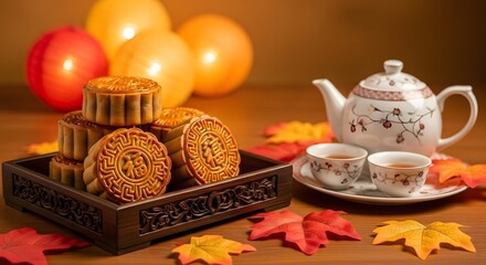 Traditional mooncakes and tea with autumn decor