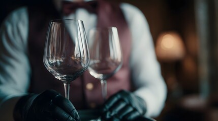 Obraz premium Server in gloves prepares clean wine glasses for service