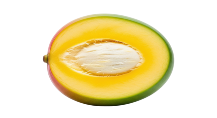 Isolated cross-section of a fresh yellow mango fruit with seed stone inside the middle section