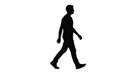 Black vector silhouette of a casual young man walking forward from a side profile view, isolated on a white background