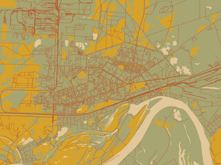 Abstract flat-design map of Dzerzhinsk, Russian Federation, featuring olive backdrop with warm rust street network and ochre blocks.