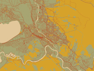 Decorative flat city map of Chita, Russian Federation using muted sage base, rust-colored roads, and soft ochre highlights.