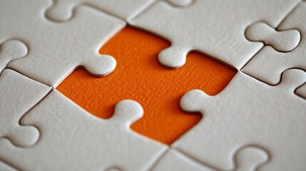 Macro view of white jigsaw puzzle with missing piece revealing vibrant orange background, symbolizing challenge, opportunity, and completion in business.
