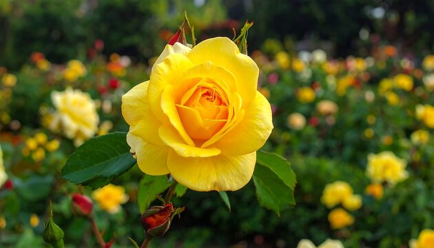 A vibrant yellow rose in full bloom, set against a blurred garden backdrop - Powered by Adobe