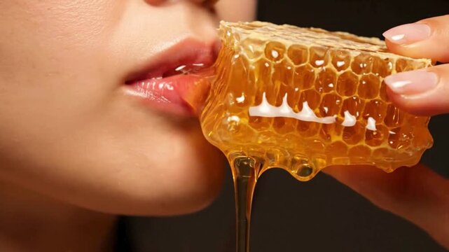 Close up shot of  a woman eating honey from honeycomb-Healthy eating 