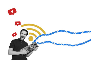 Composite photo collage of crazy man hold keypad heart social media notification like wifi 5g...