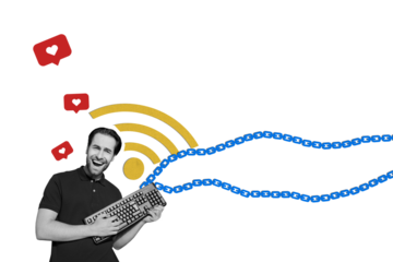 Composite photo collage of crazy man hold keypad heart social media notification like wifi 5g connection isolated on painted background