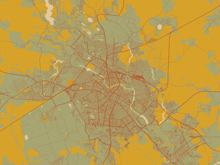 Fototapeta premium Stylized minimalist map of Ivanovo, Russian Federation in sage green ground with rust-red roads and ochre accents.