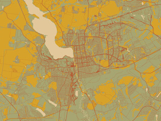 Contemporary flat map of Izhevsk, Russian Federation design with sage/olive tone field with rust networks and ochre shapes, cream water.