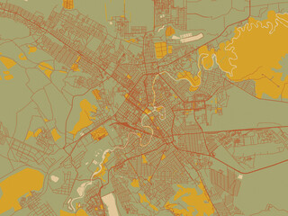 Naklejka premium Contemporary flat map of Groznyy, Russian Federation design with muted sage base, rust-colored roads, and soft ochre highlights.