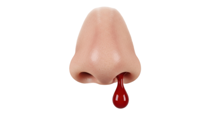 Isolated human nose with a drop of blood, close up medical symptom for a nosebleed.