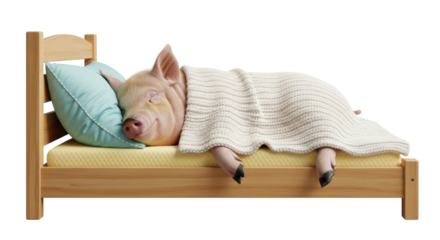Isolated cute pig sleeping in bed under blanket, resting, having pleasant dreams after long day