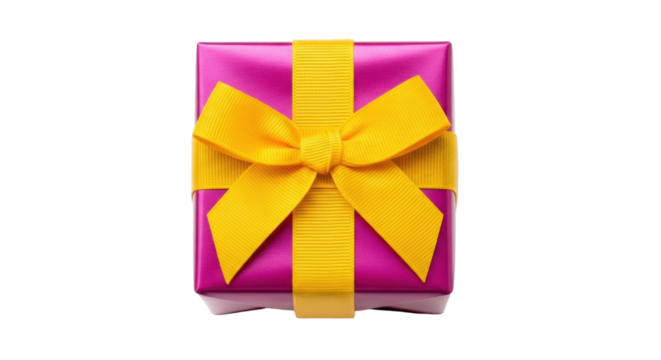 Isolated gift box wrapped in bright pink paper and tied with a yellow ribbon and bow