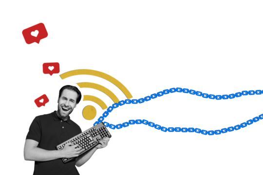 Composite photo collage of crazy man hold keypad heart social media notification like wifi 5g connection isolated on painted background