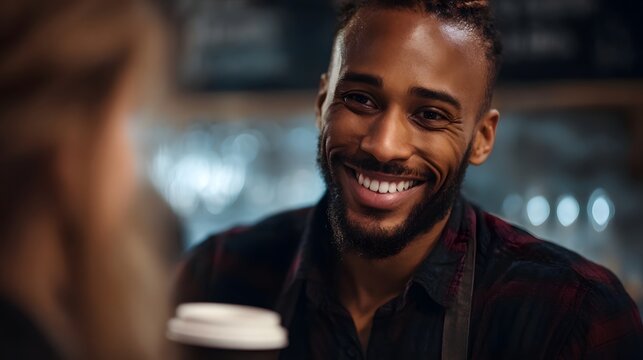 A smiling barista hands a disposable coffee cup to a customer in a warmly lit cafe