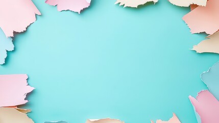 Colorful torn paper edges arranged on a vibrant blue background creating a creative and artistic frame for designs