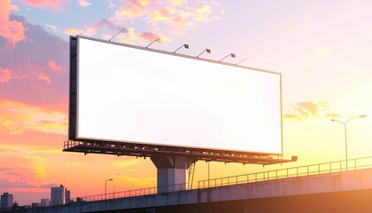 Obraz premium Realistic White Billboard on Building at Sunset – Blank Advertising Space for Design and Marketing Concepts