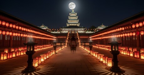 Temple illuminated with lanterns under full moon