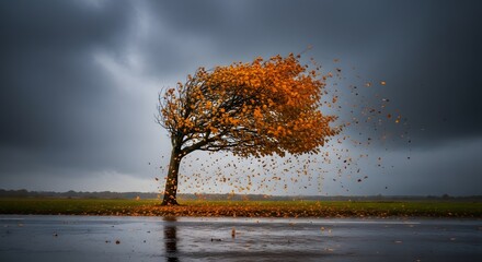 Lonely tree losing leaves in autumn storm