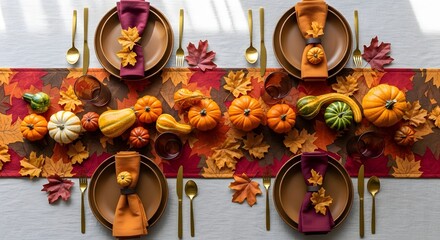 Festive Thanksgiving table with pumpkins and autumn decor