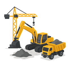 Construction Site with Excavator, Crane, and Dump Truck