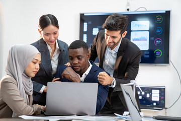 team of multiethnic colleague discuss budget performance planning, sharing idea for cost reduction, business people man woman diverse employee coworker in formal suit meeting in finance office