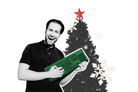 Template sketch image composite artwork collage of silhouette young man student smile performer play keypad like guitar merry christmas