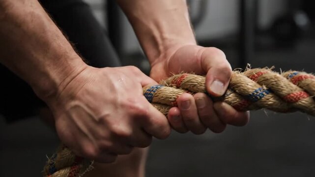 Sweaty hands exert power while firmly grasping a heavy rope during a challenging workout session.