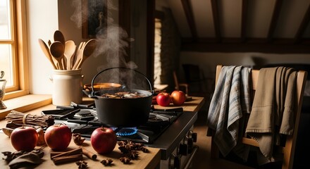 Autumn cooking scene with apples and pot on stove