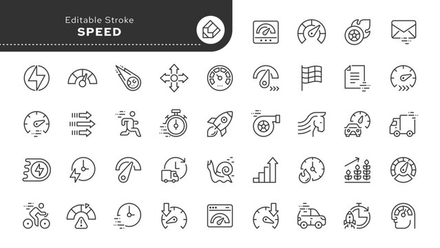 Speed line icon set. Movement, fast, slow, turbo, speedometer, indicator, speeding, gauge, express, rapid and more. Outline icon in linear style. Vector collection.	