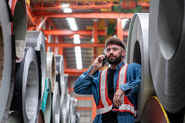 man engineer worker check and inspect material stainless galvanized metal sheet roll in warehouse,...