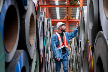 man engineer worker check and inspect material stainless galvanized metal sheet roll in warehouse,...