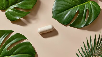 Collagen and supplement concept ,Natural supplement capsule with green tropical leaf beige background for fresh health - Powered by Adobe