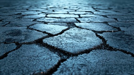 Dry cracked earth texture under blue light with intricate patterns and shadows, ideal for background and design projects