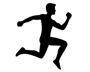 silhouette of young man running fast, jumping man symbol isolated on white background	