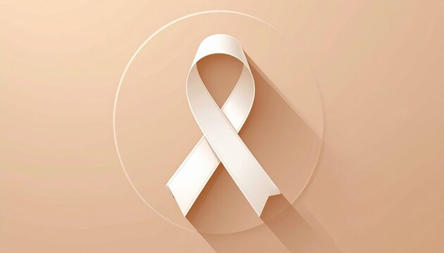 Minimalist white ribbon awareness symbol on beige background with soft shadow and circular outline.