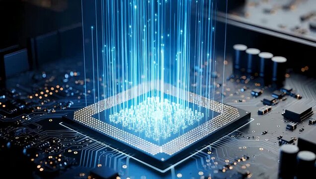Experience the Future Innovative Microchip Technology with Blue Light Data Transfer in a Stunning High-Tech Scene for Modern Business Solutions