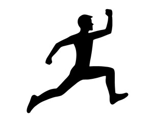silhouette of young man running fast, jumping man symbol isolated on white background	