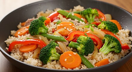 Healthy stir fry vegetables and rice in a bowl