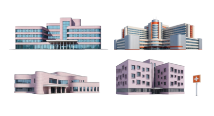 Isolated exterior view of multiple hospital buildings in different architectural styles