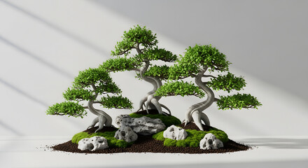 Bonsai Tree Arrangement with Rocks and Moss on a White Surface.