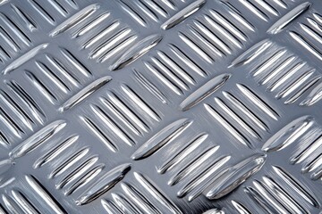 Metallic texture of shiny aluminum surface with raised diamond pattern reflecting light in intricate design and detail